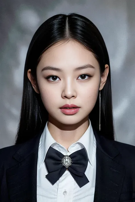 a woman with a black and white bow tie on her neck and a black jacket on her shoulders and a white shirt on her chest