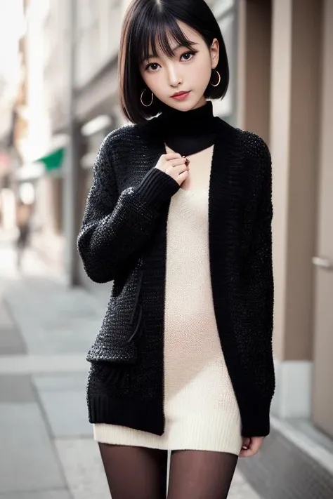 (Best quality details:1.2),realistic,8K UHD,High definition,(1girl:1.2),Ultra Detailed,High quality texture,intricate details,detailed texture,finely detailed,high detail,extremely detailed cg,High quality shadow,Detailed beautiful delicate face,Detailed beautiful delicate eyes,Depth of field,Ray tracing,(a beautiful 22 age years old sexy korean woman:1),(Pretty girl,korean mixed),small breast, tall_female, beautiful_legs, blush, glossy lips, skinny, (black sweater :1.4), (open checkered coat :1.3),(stripes skirt :1.3), (pantyhose, stockings:1.1), (bob cut:1.1), street, sunlight, standing, earrings,necklace, looking at viewer, (happy smile:1.1), from front, dynamic pose, mole under eye, full_body:1.1,
