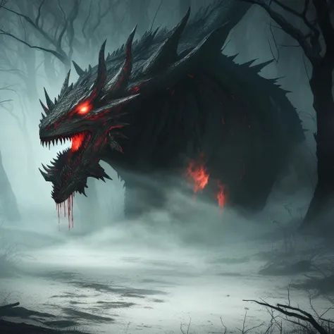demon, sharp teeth, scary, horrifying, terrible, ((blood)), gore, dark forest, gloomy, dim lighting, flawless, beautiful, masterpiece, 8k, ray tracing, flying, lightning, red, (cinematic), painting, ((horror)), (monster: 2.0), terrifying, reflective, cinematic lighting, octane render, (((creature))), ((dragon)), ((dark forest)), (((kentaro miura))), dark, dark lighting, fire