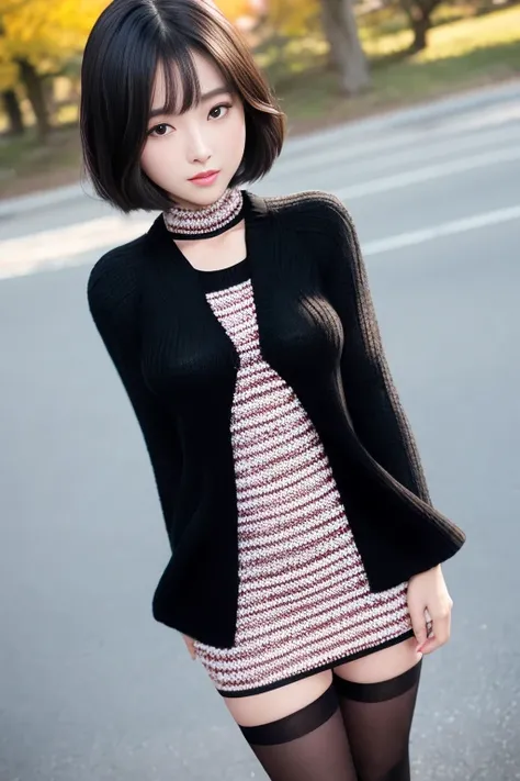 (Best quality details:1.2),realistic,8K UHD,High definition,(1girl:1.2),Ultra Detailed,High quality texture,intricate details,detailed texture,finely detailed,high detail,extremely detailed cg,High quality shadow,Detailed beautiful delicate face,Detailed beautiful delicate eyes,Depth of field,Ray tracing,(a beautiful 22 age years old sexy korean woman:1),(Pretty girl,korean mixed),small breast, tall_female, beautiful_legs, blush, glossy lips, skinny, (black sweater :1.4), (open checkered coat :1.3),(stripes skirt :1.3), (pantyhose, stockings:1.1), (bob cut:1.1), street, sunlight, standing, earrings,necklace, looking at viewer, (happy smile:1.1), from front, dynamic pose, mole under eye, full_body:1.1,
