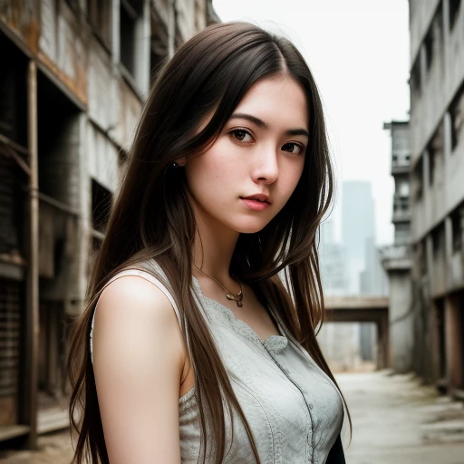 RAW photo,character, a close up portrait photo of 26 y.o woman in wastelander clothes, long haircut, pale skin, slim body, background is city ruins, (high detailed skin:1.2), 8k uhd, dslr, soft lighting, high quality, film grain, Fujifilm XT3