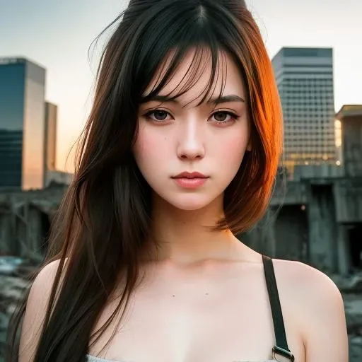 RAW photo,character, a close up portrait photo of 26 y.o woman in wastelander clothes, long haircut, pale skin, slim body, background is city ruins, (high detailed skin:1.2), 8k uhd, dslr, soft lighting, high quality, film grain, Fujifilm XT3