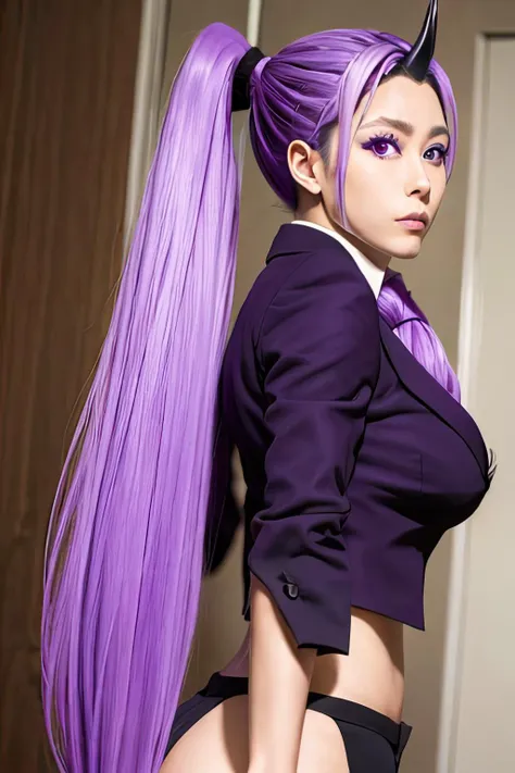 best quality,masterpiece,1girl, solo,cleavage,large_breasts,purple_eyes, purple_hair, long hair,ponytail,horns,suit