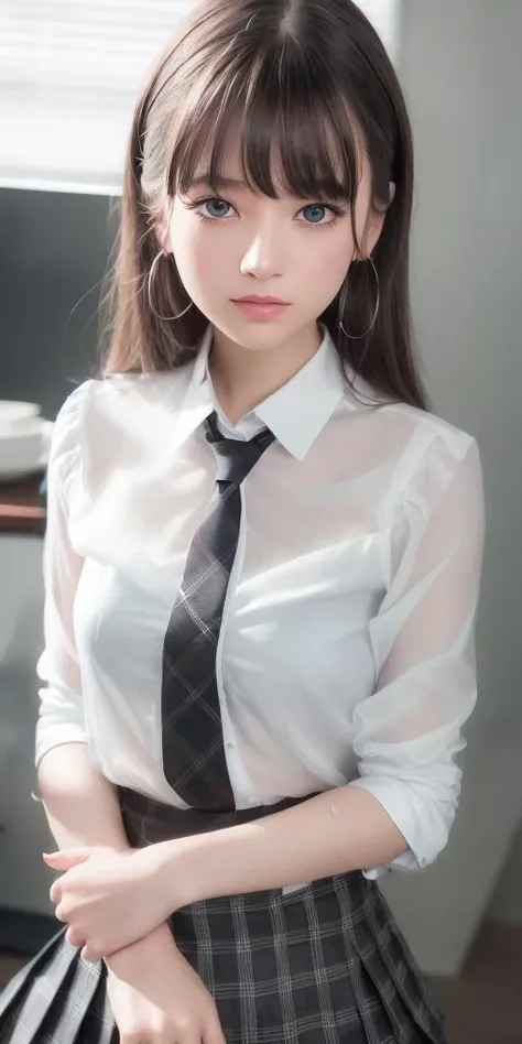 (8k, RAW photo, best quality, masterpiece:1.2), (realistic, photo-realistic:1.37), best quality, ultra high res, photon mapping, radiosity, physically-based rendering,bblurry, blurry_foreground, depth_of_field, blurry_background, photo_\(medium\), motion_blur,1girl, (full body),long legs,thin legs,Long hair, bangs,(see through bangs), hair_ornament, lips, hairclip, solo, blue_eyes, nose<lora:chilloutmixss_xss10:0.6>,soft,china,White shirt,Gray Plaid Pleated Skirt,opaque clothing,overlooking,black loafers,thigh highs,black cotton socks,