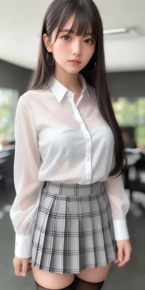 (8k, RAW photo, best quality, masterpiece:1.2), (realistic, photo-realistic:1.37), best quality, ultra high res, photon mapping, radiosity, physically-based rendering,bblurry, blurry_foreground, depth_of_field, blurry_background, photo_\(medium\), motion_blur,1girl, (full body),long legs,thin legs,Long hair, bangs,(see through bangs), hair_ornament, lips, hairclip, solo, blue_eyes, nose<lora:chilloutmixss_xss10:0.6>,soft,china,White shirt,Gray Plaid Pleated Skirt,opaque clothing,overlooking,black loafers,thigh highs,black cotton socks