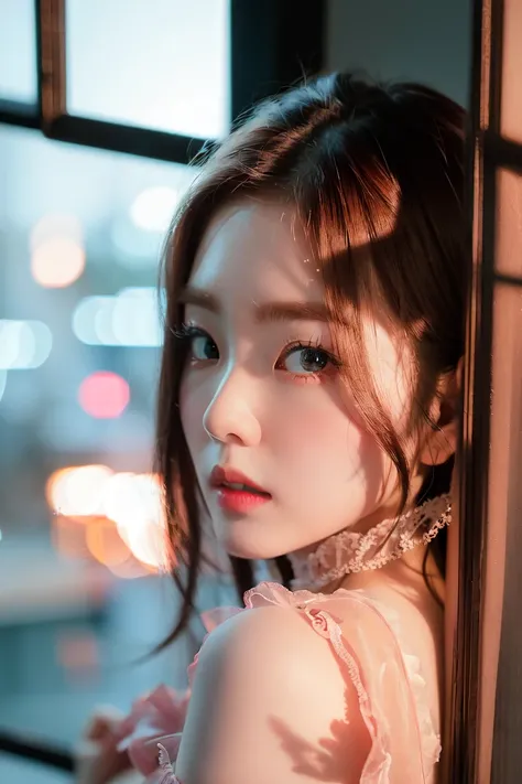 irene1, best quality ,masterpiece, an extremely delicate and beautiful, extremely detailed ,CG ,unity ,8k wallpaper, Amazing, finely detail, masterpiece,best quality, extremely detailed CG unity 8k wallpaper,absurdres, incredibly absurdres, huge filesize , ultra-detailed, highres, extremely detailed, beautiful detailed girl, extremely detailed eyes and face, beautiful detailed eyes, (RAW photo, best quality), (realistic, photo-realistic:1.3), full body, light on face, dudou, sitting on a window seat in a pale pink dudou, looking out at the city lights at night with a dreamy expression on her face