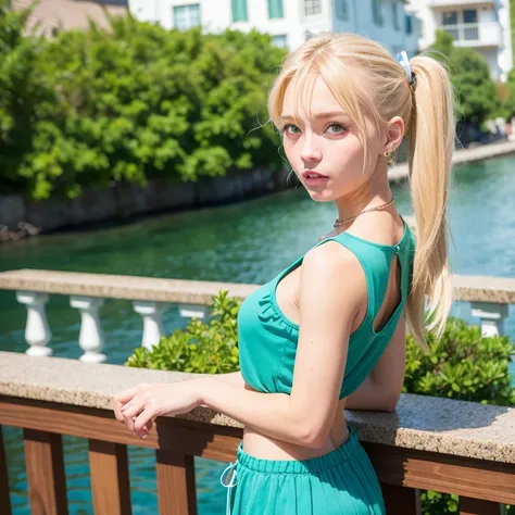 a full body photography from the back of a 20 yo girl leaning on terrace railing over the sea, (blond hairs), pigtails, green skirt, long soks, insane details, necklace, earrings, bracelet, (realistic, photo-realistic:1.5), (8k, RAW photo, best quality, masterpiece:1.2), cinematic, full body, ultra-detailed, elbows on the railing, cute, ultra-detailed, physically-based rendering, ultra high res, front lighting, best quality, extremely detailed face, extremely detailed eyes and face, beautiful detailed eyes