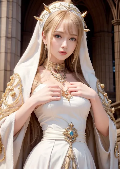 <lora:fte_futuanerV1:0.5>, best quality, ultra high res, (photorealistic:1.4), cinema light, depth of field ,beautiful face, (PureErosFace_V1:0.8), | 1girl, natural makeup, intricate cloak armor, wizard hat, intricate design, messy hair, white hair, cathedral background, look at viewer, (smile:0.3)