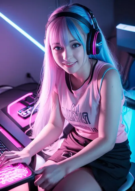 best quality, ultra high res, (photorealistic:1.4), (pink and blue neon light), beautiful face, natural makeup, (PureErosFace_V1:0.8), | 1 woman, casual cloth, skirt, intricate design, headphone, blue hair, twin tail hair, | sitting on gaming chair, gaming room background, streamer, gamer, gaming pc, (smile)