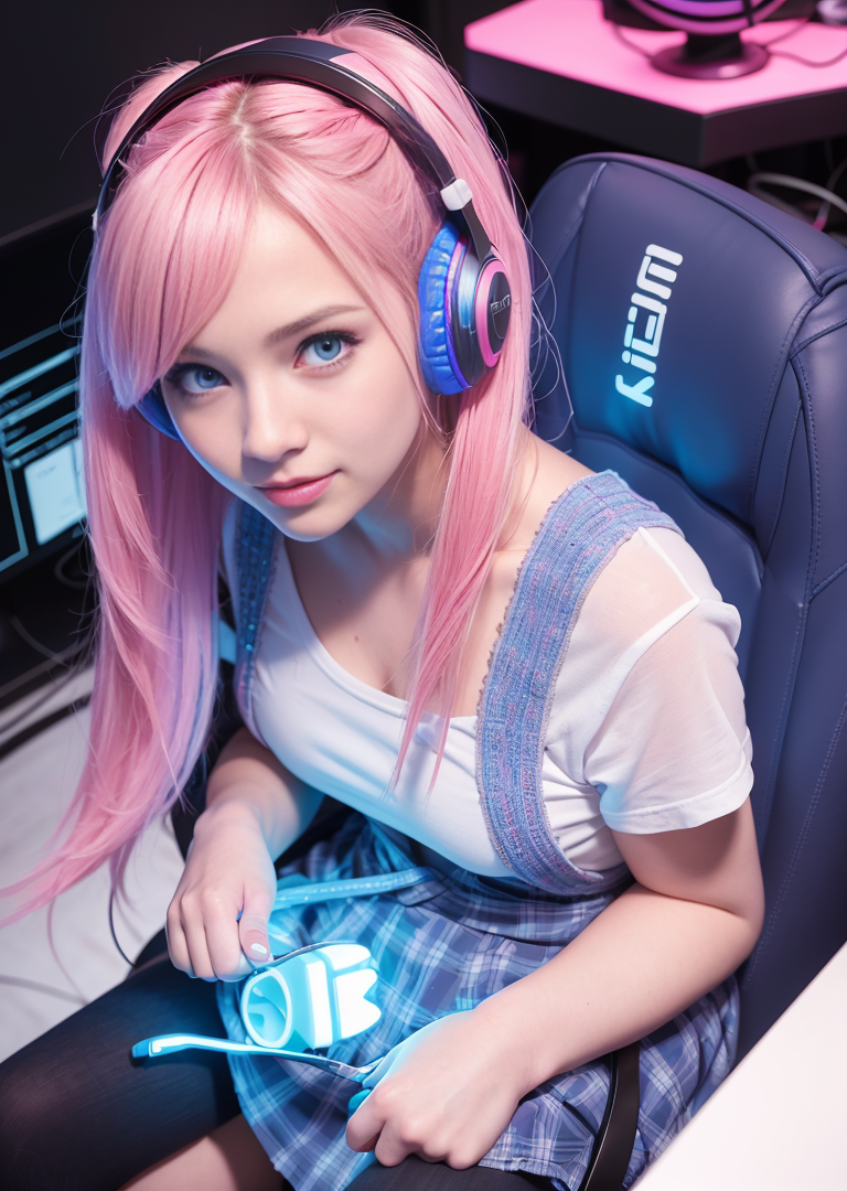 Arafed girl with pink hair wearing headphones and sitting in a chair ...
