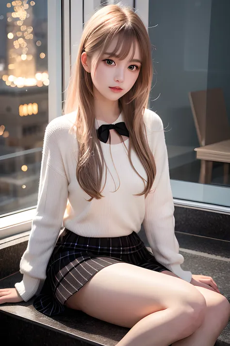 <lora:Basil_mix_fixed:0.4>,
<lora:koreanDollLikeness_v15:0.4>,
best quality ,masterpiece, an extremely delicate and beautiful, extremely detailed ,CG ,unity ,8k wallpaper, Amazing, finely detail, masterpiece,best quality, extremely detailed CG unity 8k wallpaper,absurdres, incredibly absurdres, huge filesize , ultra-detailed, highres, extremely detailed, beautiful detailed girl, extremely detailed eyes and face, beautiful detailed eyes, (RAW photo, best quality), (realistic, photo-realistic:1.3), full body, light on face, dudou,
light Brown Plaid Pleated Skirt,opaque clothing,overlooking,black loafers,thigh highs,black cotton socks,hair_ornament,white hair, wavy hair,
light on face,
(small hips:1.3),
(small breast:0.3),
sitting on a window seat in a pale pink dudou, looking out at the city lights at night with a dreamy expression on her face