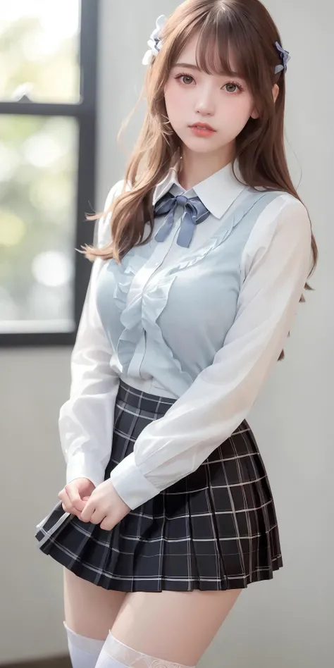 (8k, RAW photo, best quality, masterpiece:1.2), (realistic, photo-realistic:1.37), best quality, ultra high res, photon mapping, radiosity, physically-based rendering,bblurry, blurry_foreground, depth_of_field, blurry_background, photo_\(medium\), motion_blur,1girl, (full body),long legs,thin legs,Long hair, bangs,(see through bangs), hair_ornament, lips, hairclip, solo, blue_eyes, nose<lora:chilloutmixss_xss10:0.6>,soft,china,White shirt,Gray Plaid Pleated Skirt,opaque clothing,overlooking,black loafers,thigh highs,black cotton socks,