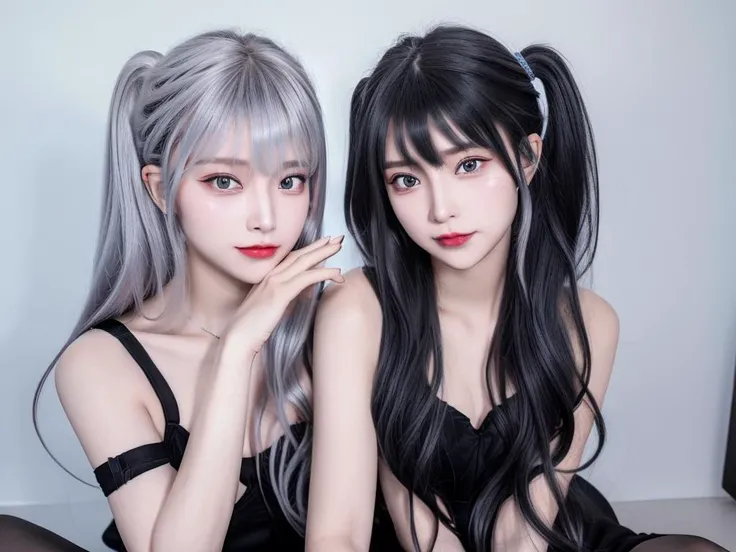 ((2grils)),((hair color is silver and black)), kiss each other, bare shoulders, nighttime, midnight, dark, RTX, (no bra), photorealistic lighting, photo taken in modern house, extremely detailed flowing hair, realistic hair, realistic shadows, absurdres, hyperdetailed, 4k, (black eyes), (beautiful girl: 1.4), (masterpiece),Ultra Detail, (Best Quality), (Ultra High Definition), (Masterpiece), Photorealistic:1.3, smiling, <lora:japaneseDollLikeness_v10:0.1> , balanced pupil, symmetical pupil and iris,chromatic_aberration:0.8, dynamic_color_range, lens_distortion:0.7, (sitting:1.3),((Delicate hand)), from side, <lora:guanxiaoyuRe_v10:0.5> <lora:koreanDollLikeness_v10:0.5>