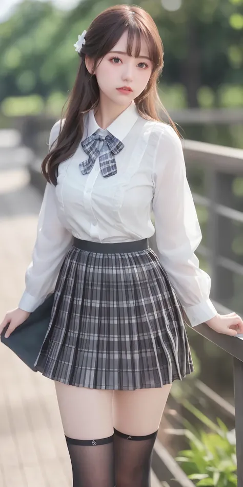 (8k, RAW photo, best quality, masterpiece:1.2), (realistic, photo-realistic:1.37), best quality, ultra high res, photon mapping, radiosity, physically-based rendering,bblurry, blurry_foreground, depth_of_field, blurry_background, photo_\(medium\), motion_blur,1girl, (full body),long legs,thin legs,Long hair, bangs,(see through bangs), hair_ornament, lips, hairclip, solo, blue_eyes, nose<lora:chilloutmixss_xss10:0.6>,soft,china,White shirt,Gray Plaid Pleated Skirt,opaque clothing,overlooking,black loafers,thigh highs,black cotton socks,