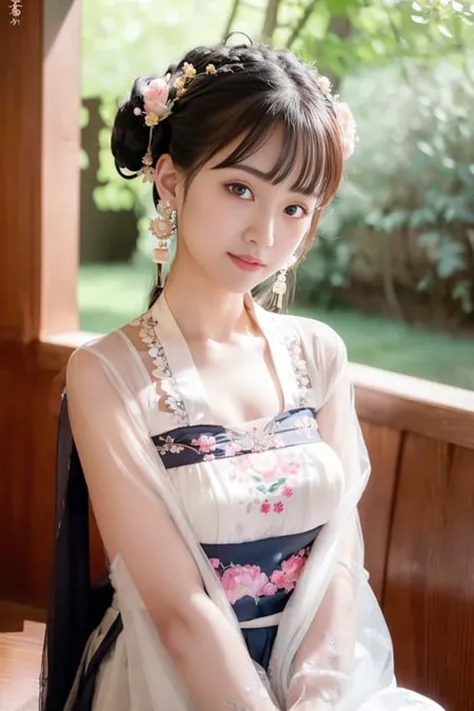 outdoors, looking at viewer, blush, 1girl, cute, sitting, (smile:1.15), (closed mouth), makeup, (small breasts:1.1), beautiful detailed eyes, (eyelashes:1.1), (cleavage:1.1), thighhighs, (arms behind back:1.4), (upper body:1.6), (Hanfu, tang, Tang Dynasty, Tang clothing),