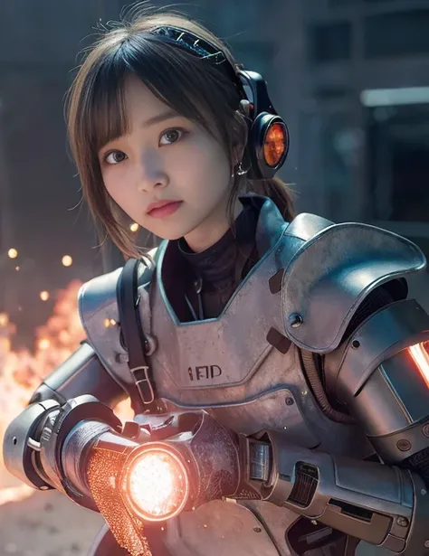 <lora:japaneseDollLikeness_v10:0.7>, robot wiht a gun in its hand and Shield in the middle of the battlefield; and ruins, sparks, and flames surround it, Steel, edge rust, and edge wear, (extremely detailed CG unity 8k wallpaper), realistic, masterpiece, highest quality, ((scifi)), lens flare, ((light sparkles)), unreal engine, digital painting, Style-TronLegacy-8v-B, trending on ArtStation, trending on CGSociety, Intricate, High Detail, dramatic, realism, beautiful and detailed lighting, shadows, 8k uhd, dslr, soft lighting, high quality, film grain, Fujifilm XT3,