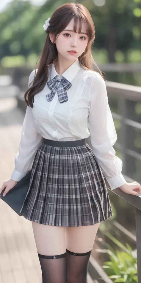 (8k, RAW photo, best quality, masterpiece:1.2), (realistic, photo-realistic:1.37), best quality, ultra high res, photon mapping, radiosity, physically-based rendering,bblurry, blurry_foreground, depth_of_field, blurry_background, photo_\(medium\), motion_blur,1girl, (full body),long legs,thin legs,Long hair, bangs,(see through bangs), hair_ornament, lips, hairclip, solo, blue_eyes, nose<lora:chilloutmixss_xss10:0.6>,soft,china,White shirt,Gray Plaid Pleated Skirt,opaque clothing,overlooking,black loafers,thigh highs,black cotton socks,