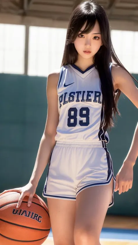 play basketball,(8k, best quality, masterpiece:1.2), (realistic, photo-realistic:1.37), ultra-detailed,best quality, ultra high res, professional lighting, photon mapping, radiosity, physically-based rendering, cinematic lighting, basketball court,depth of field, sharp focus,sunbeam, good composition,(bokeh:1.2) 1girl,solo,((full body)), (closed mouth),beautiful detailed eyes, pose, narrow waist,sexy basketball uniform, black hair,messy hair,long hair floating in wind,(ulzzang-6500:1.2),slim body,long legs,Smile