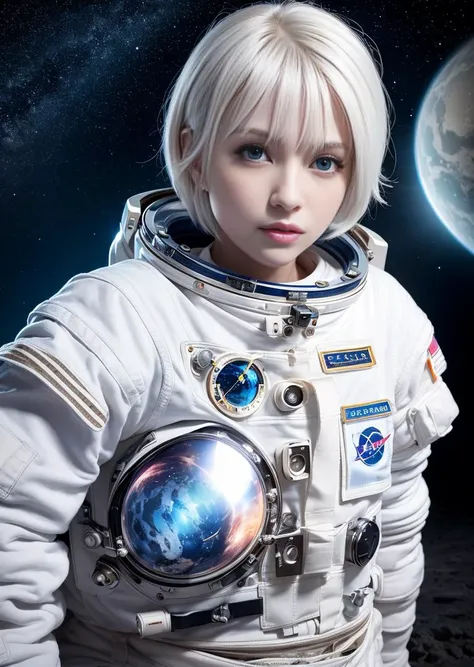 best quality, ultra high res, (photorealistic:1.4), depth of field ,beautiful face, (PureErosFace_V1:0.8), half body, | | 1girl, medium breast, (white hair:1.3), short hair, innocent smile, natural make up, | | model pose, | | (astronaut suit:1.3), (blue armor:1.3), intricate design, | | space background, star_\(sky\), moon light, night time, | |