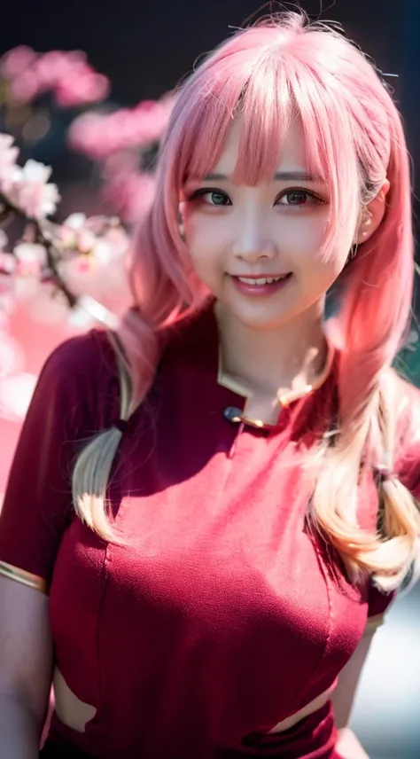 (2 girls 1:0), red cheongsam, medium breasts,cherry blossoms, looking to the right side, ((best quality)),((realistic photo)), masterpiece,(extremely detailed CG unity 8k wallpaper, masterpiece, best quality, ultra-detailed, best shadow),((photorealistic:1.4)),(detailed background), ((beautiful detailed face, beautiful detailed eyes)), High contrast,Particularly strong light,photo lighting,tall girl,very long hair,pink hair,(blurry_background:1.4),light smile, <lora:chilloutmix_NiPrunedFp32Fix:1> <lora:lovableChineseGirlMeme_v1:1>