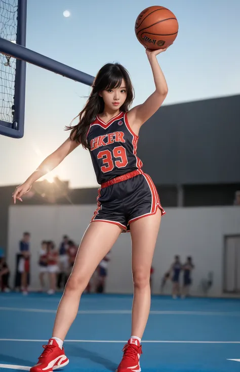 (8k, best quality, masterpiece:1.2), (realistic, photo-realistic:1.37), ultra-detailed,best quality, ultra high res, professional lighting, photon mapping, radiosity, physically-based rendering, cinematic lighting, basketball court,depth of field, sharp focus,sunbeam, good composition,(bokeh:1.2) 1girl,solo,((full body)), (closed mouth),beautiful detailed eyes, pose, narrow waist,sexy basketball uniform, black hair,messy hair,long hair floating in wind,(ulzzang-6500:1.2),slim body,long legs,Smile,