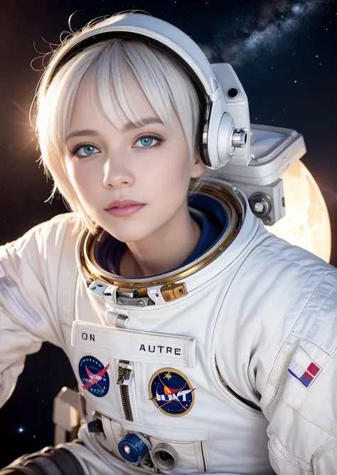 best quality, ultra high res, (photorealistic:1.4), depth of field ,beautiful face, (PureErosFace_V1:0.8), half body, | | 1girl, medium breast, (white hair:1.3), short hair, innocent smile, natural make up, | | model pose, | | (astronaut suit:1.3), (blue armor:1.3), intricate design, | | space background, star_\(sky\), moon light, night time, | |