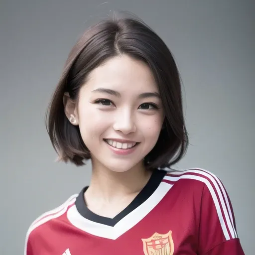 <lora:zyd232_ChineseGirl_v1.6:0.6>, (grey background:1.5, close shot:1), (photorealistic:1.4), (best quality:1.0), (ultra highres:1.0), 8k, RAW photo, (masterpiece:0.2), 1girl, beautiful skin, detailed skin, big smile, teeth, (short hair:1), (soccer uniform:1.2) <lora:koreanDollLikeness_v10:0.2>