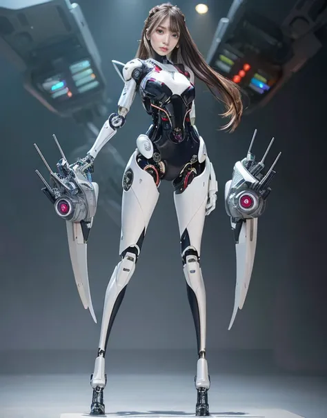 complex 3d render ultra detailed of a beautiful porcelain profile woman android face, (flowing hair:1.4),brown hair, cyborg, (robotic parts:1.3), 150 mm, beautiful studio soft light, rim light, vibrant details, luxurious cyberpunk, (lace:1.2),,1girl, bangs, blonde_hair, bodysuit, braid, breasts, covered_navel, full_body, gradient, gradient_background, green_eyes, grey_background, long_hair, looking_at_viewer, machinery, mecha, mecha_musume, medium_breasts, science_fiction, skin_tight, solo, standing,<lora:japaneseDollLikeness_v10:0.5>