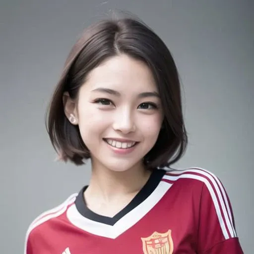 <lora:zyd232_ChineseGirl_v1.6:0.6>, (grey background:1.5, close shot:1), (photorealistic:1.4), (best quality:1.0), (ultra highres:1.0), 8k, RAW photo, (masterpiece:0.2), 1girl, beautiful skin, detailed skin, big smile, teeth, (short hair:1), (soccer uniform:1.2) <lora:koreanDollLikeness_v10:0.2>