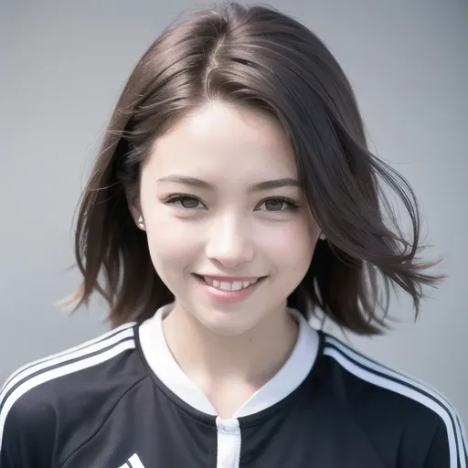 <lora:zyd232_ChineseGirl_v1.6:0.6>, (grey background:1.5, close shot:1), (photorealistic:1.4), (best quality:1.0), (ultra highres:1.0), 8k, RAW photo, (masterpiece:0.2), 1girl, beautiful skin, detailed skin, big smile, teeth, (short hair:1), (soccer uniform:1.2) <lora:koreanDollLikeness_v10:0.2>
