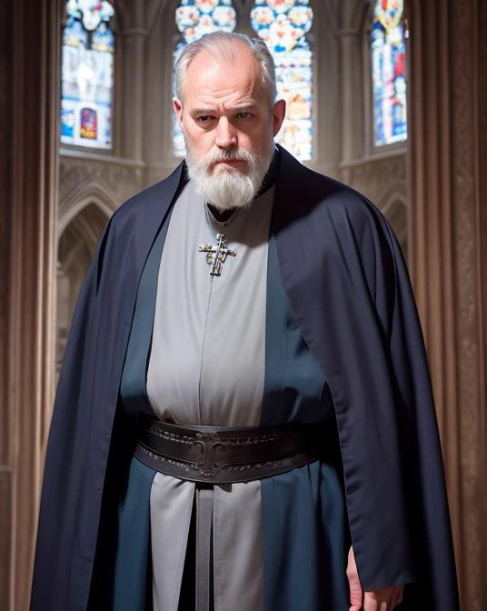 old priest in an empty gothic cathedral, big grey beard, blue eyes, aged skin, ((whole body,)), light coming from windows, diryt monk robes, torn clothes, very serious expression, medieval clothes, portrait