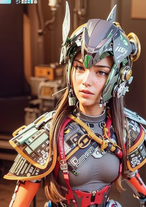 complex 3d render ultra detailed of a beautiful porcelain profile woman android face, (flowing hair:1.4),brown hair, cyborg, (robotic parts:1.3), 150 mm, beautiful studio soft light, rim light, vibrant details, luxurious cyberpunk, (lace:1.2),,1girl, bangs, blonde_hair, bodysuit, braid, breasts, covered_navel, gradient, gradient_background, green_eyes, grey_background, long_hair, looking_at_viewer, machinery, mecha, mecha_musume, medium_breasts, science_fiction, skin_tight, solo, standing,<lora:japaneseDollLikeness_v10:0.5>