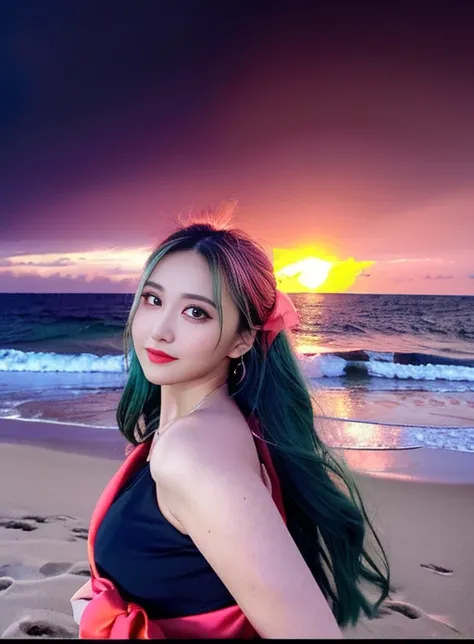 masterpiece, best quality, (photorealistic:1.2), extremely_detailed_eyes_and_face, detailed face,  depth of field, detailed face, face focus, ,((ultra skin detail)):10 ,portrait,
[ blurry background],((8k, highest quality, masterpiece)), High detail RAW photo, (realistic, photo realism:1. 37), (highest quality), (best shadow), (best illustration), ultra high resolution, physics-based rendering, cinematic lighting,extremely_detailed_eyes_and_face,detailed face, shiny skin, smile, thick lips,  (portrait),  ultra-detailed, highres, 8k, (best quality), physically-based rendering, Realistic photography,

finely makeup, makeup, pink lipstick, pink eye shadow,
black skirt, college student, dark green hair, dark green blond hair, sunset:5, (blue|red|orange sky),(standing on beach):5,Bondi beach, sea, spindrift,
1girl, petite, (looking at viewer:1.5),[large breasts],
medium shot, standing,
(Draw only one person), <lora:cut_face_lovableChineseGirlMeme_v1:0.9>, <lora:Taiwan-doll-likeness:0.3>