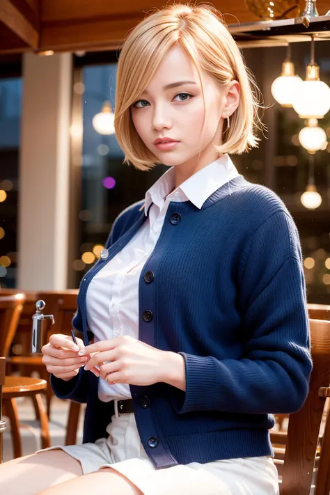 (8k, best quality, masterpiece:1.2), (realistic, photo-realistic:1.37), ultra-detailed, 1 girl,cute, solo,beautiful detailed sky,detailed cafe,night,sitting,dating,(nose blush),(smile:1.15),(closed mouth) small breasts,beautiful detailed eyes,(collared shirt:1.1), night, wet,business attire, rain,white lace, (short hair:1.2),floating hair NovaFrogStyle,