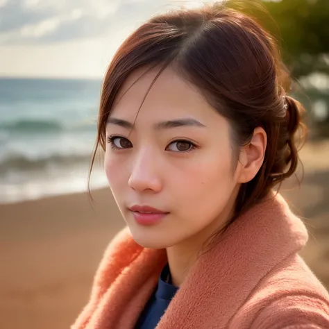 award winning extremely high detail digital RAW color photo, extreme close up of a outdoor, depicting (((beautiful young japanese woman over 30, perfect face, dreamy look, (detailed facial features), clean nice face))) walking over the (((sunlit fantasy red sand seashore))):1.6, in the background (((clouds, sunbeams))), HDR, 8k resolution, smooth, (defocus):1.7, (warm ambient light):1.8, atmosphere, realistic, (volumetric fog):1.6, depth of field, photographed on a Kodak box camera