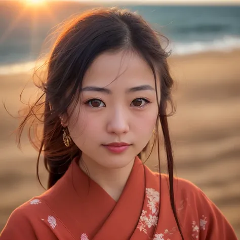 award winning extremely high detail digital RAW color photo, extreme close up of a outdoor, depicting (((beautiful young japanese woman over 30, perfect face, dreamy look, (detailed facial features), clean nice face))) walking over the (((sunlit fantasy red sand seashore))):1.6, in the background (((clouds, sunbeams))), HDR, 8k resolution, smooth, (defocus):1.7, (warm ambient light):1.8, atmosphere, realistic, (volumetric fog):1.6, depth of field, photographed on a Kodak box camera