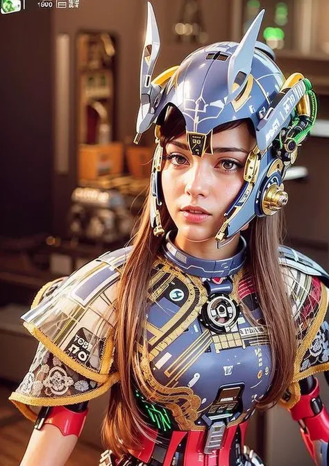 complex 3d render ultra detailed of a beautiful porcelain profile woman android face, (flowing hair:1.4),brown hair, cyborg, (robotic parts:1.3), 150 mm, beautiful studio soft light, rim light, vibrant details, luxurious cyberpunk, (lace:1.2),,1girl, bangs, blonde_hair, bodysuit, braid, breasts, covered_navel, gradient, gradient_background, green_eyes, grey_background, long_hair, looking_at_viewer, machinery, mecha, mecha_musume, medium_breasts, science_fiction, skin_tight, solo, standing,<lora:japaneseDollLikeness_v10:0.5>