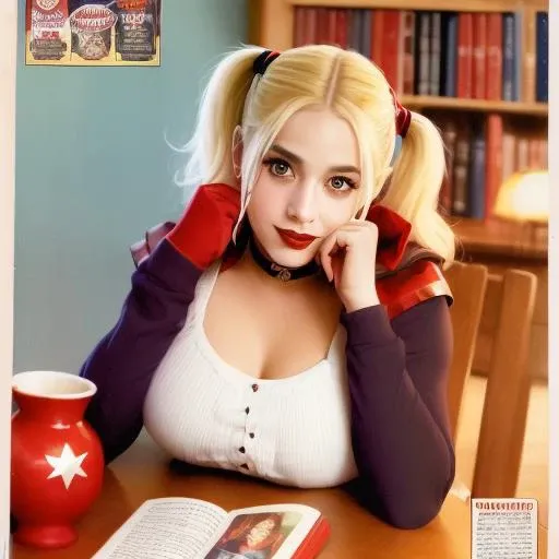 (((libro))), (((enciclopedia))) de harley quinn tapa dura, muy gastado, aos 70, puesto en una mesa