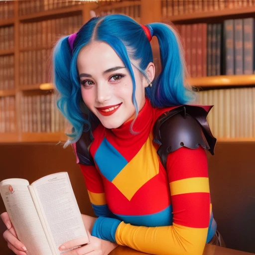 (((libro))), (((enciclopedia))) de harley quinn tapa dura, muy gastado, aos 70, puesto en una mesa