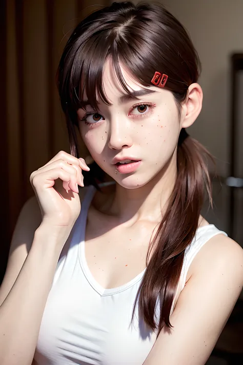 sfw, |best quality, ultra high res, (photorealistic:1.4)| ,| brown eyes, crazy eye, tears, crying face, watery eyes |, solo, 1 girl, | hairpin, white men's shirts, black suits |, (ulzzang-6500:0.8), <lora:kobeni_v10:1.2>, bed,   <lora:breastinclassBetter_v13:0.3>, v arm pose, awkward