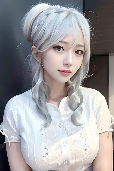 (4k, best quality, masterpiece:1.2), (realistic, photo-realistic:1.37), ultra-detailed, 1 girl, cute, solo, beautiful detailed sky, detailed night star, building in background, night, night city, sitting, dating, (nose blush), (smile:1.15), (closed mouth) ,small breasts, beautiful detailed eyes, (collared shirt:1.1),kimono, white lace, (short hair:1.5), floating hair NovaFrogStyle, <lora:taiwanDollLikeness_v10:0.2>, <lora:koreanDollLikeness_v15:0.2>, <lora:japaneseDollLikeness_v10:0.2>, <lora:breastinclassBetter_v13:0.3>,   <lora:chracterYukino_v10:1.2>, white hair,