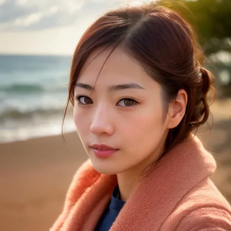 award winning extremely high detail digital RAW color photo, extreme close up of a outdoor, depicting (((beautiful young japanese woman over 30, perfect face, dreamy look, (detailed facial features), clean nice face))) walking over the (((sunlit fantasy red sand seashore))):1.6, in the background (((clouds, sunbeams))), HDR, 8k resolution, smooth, (defocus):1.7, (warm ambient light):1.8, atmosphere, realistic, (volumetric fog):1.6, depth of field, photographed on a Kodak box camera