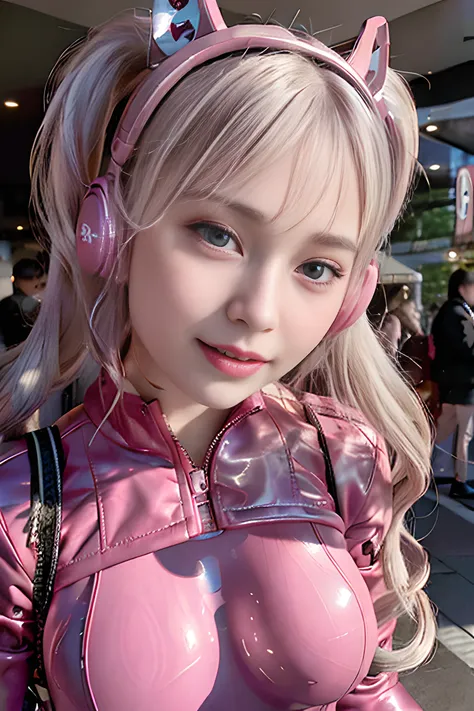 (8k, best quality, masterpiece:1.2), (realistic, photo-realistic:1.37), ultra-detailed, 1 girl, cute, solo, looing at viewer, slim face, (nose blush), (blush cheeks), (closed mouth) ,small breasts, beautiful detailed eyes, <lora:taiwanDollLikeness_v10:0.2>, <lora:koreanDollLikeness_v15:0.2>, <lora:japaneseDollLikeness_v10:0.2>, <lora:aliceNikke_v30:0.8>, alice \(nikke\), pink bodysuit, animal ear headphones, shiny clothes, side twin tails, twintails, latex bodysuit, detailed bodysuit, tight bodysuit, white hair, pink eyes, smile, happy eyes, small nose, visible nipple, detailed hair, noon, in front of mall, detailed ear headphones and headphones, detailed clothes, detailed twin tails, slim body, standing, dating, detailed text in bodysuit, (natural makeup:1), (light makeup:1),