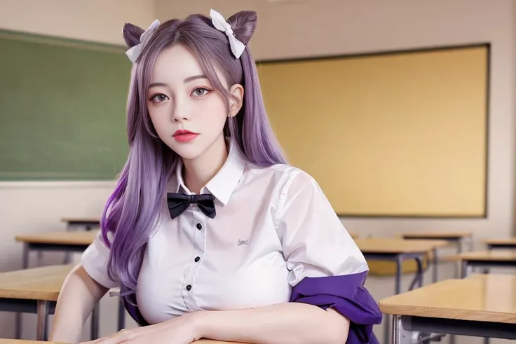 masterpiece, best quality, absurdres, looking at viewer, solo, keqing (genshin impact), hair bun, purple hair, twintails, purple eyes, diamond-shaped pupils, hair ornament, cone hair bun, long hair, double bun, bangs, bow, hair flower, hair bow, hair ribbon, (huge breasts), ((white shirt)), (buttons), (pureerosface_v1), (ulzzang-6500-v1.1), <lora:keqingGenshinImpact3in1_v10:0.9>, <lora:cuteGirlMix4_v10:0.4>, random posture, ((indoors)), classroom, blackboard,