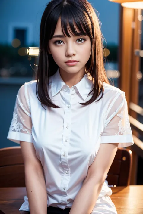 (8k, best quality, masterpiece:1.2), (realistic, photo-realistic:1.37), ultra-detailed, 1 girl,cute, solo,beautiful detailed sky,detailed cafe,night,sitting,dating,(nose blush),(smile:1.15),(closed mouth) small breasts,beautiful detailed eyes,(collared shirt:1.1), night, wet,business attire, rain,white lace, (short hair:1.2),floating hair NovaFrogStyle,