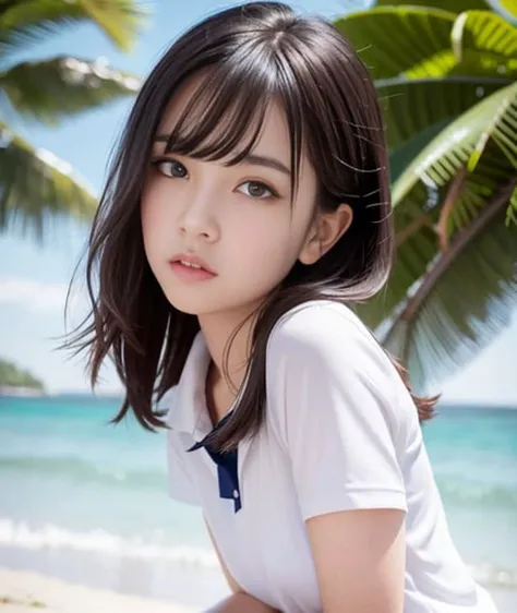 4k,best quality, masterpiece, dark hair,detailed, dark eyes, windy, floating hair, beach, upper body, detailed face, summer, trees, sunshine,school uniform,look at viewer,detailed eyes,(realistic:1.2), teenager
