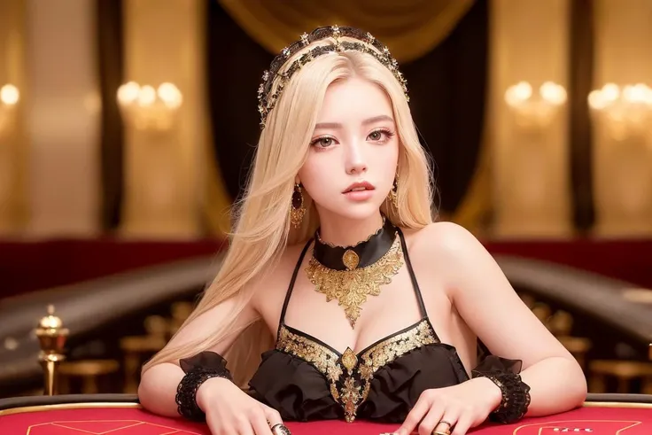 (8k, RAW photo, best quality, masterpiece:1.2), (realistic, photo-realistic:1.37), illustration, an extremely delicate and beautiful, perfect female body, extremely detailed, photography, 8k, Amazing, finely detailed, beautiful detailed eyes, best quality, ultra high res, ((extremely detailed face)), thin waist, thin legs, thin thighs, long legs, tight ass, extremely detailed body, big boobs, photography, (photorealistic:1.37), 1girl (((wearing black and gold intricate filled maid outfit, black and gold intricate frilled maid skirt:1, intricate choker necklace, intricate earrings, intricate maid headdress, black high heels))), ((blonde long wavy hair)), looking at the viewer, wide shot, ((kneeling on top of a poker table with a bunch of poker chip in the caesars palace casino in Las Vegas at night)), (clothed),
ulzzang-6500-v1.1:0.9,