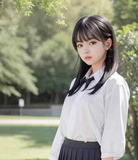 4k,best quality, masterpiece, Black hair,detailed, dark eyes, windy, floating hair, campus, upper body, detailed face, summer, trees, sunshine,school uniform,look at viewer,detailed eyes,(realistic:1.2),teenage