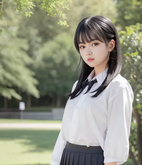 4k,best quality, masterpiece, Black hair,detailed, dark eyes, windy, floating hair, campus, upper body, detailed face, summer, trees, sunshine,school uniform,look at viewer,detailed eyes,(realistic:1.2),teenage