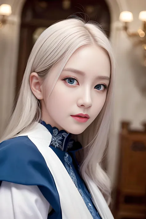 (8k, best quality, masterpiece:1.2), (realistic, photo-realistic:1.37), best quality, masterpiece, unity, an extremely delicate and beautiful, extremely detailed, Amazing, finely detail, masterpiece, best quality, official art, absurdres, incredibly absurdres, huge filesize, ultra-detailed, highres, extremely detailed, beautiful detailed girl, extremely detailed eyes and face, beautiful detailed eyes, light on face, white hair, Kpop idol,<lora:koreanDollLikeness_v15:0.4>,<lora:taiwanDollLikeness_v10:0.1>,<lora:japaneseDollLikeness_v10:0.1>, maid, blue eyes, detailed hair, detailed mouth, in castle, extremely close up photo,